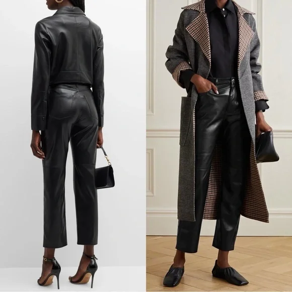NEW NANUSHKA Vinni 90s High Rise Vegan Faux Leather Straight Leg‎ Ankle Pants L - Picture 3 of 16
